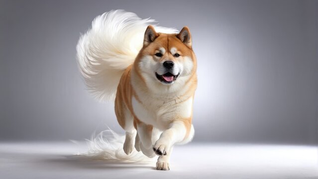  A stunning image of a brown and white dog running on a gray and white background with its mouth open, capturing the essence of freedom and joy
