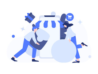Holiday shopping people doing e-commerce online shopping flat vector concept operation hand drawn illustration
