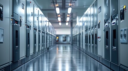 A row of sleek smart lockers, providing automated storage and retrieval services for users in work