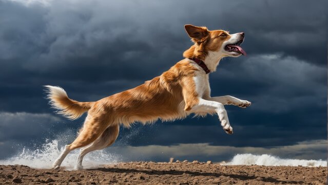  A stunning image of a dog mid-jump, catching a Frisbee in its mouth against a dramatic stormy backdrop