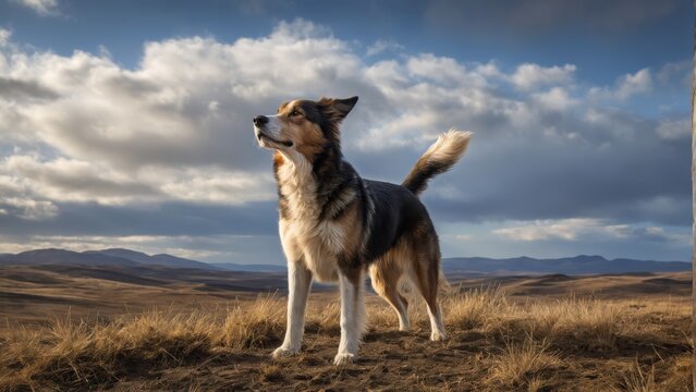  A stunning image of a brown and white dog perched on a dry grassy field beneath a cloudy blue sky, surrounded by majestic mountains