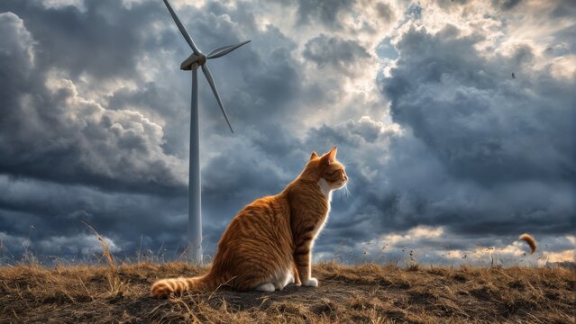  A majestic feline perched atop a lush green field, surrounded by towering wind turbines, basking in the cool breeze beneath a vibrant blue sky