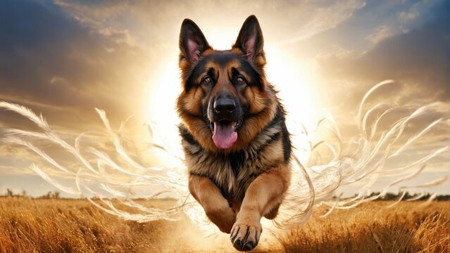  A majestic German Shepherd dog sprints through a golden wheat field as the radiant sun sets behind, while delicate white feathers flutter in the foreground