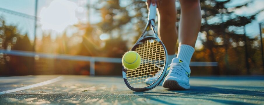 tennis player preparing to serve, with a focus on the ball and racket against a sunlit court