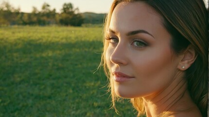 Fototapeta premium A stunning young lady gracefully poses before lush green grass, her long locks cascading down her back