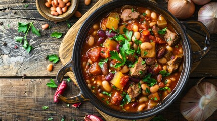 Hot turkish bean stew on wooden background. Ispir beans cooked in a casserole - Kuru Fasulye. Top view  - obrazy, fototapety, plakaty