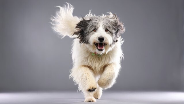  A stunning image of a grey and white dog sprinting on a grey backdrop with an open mouth and flowing hair