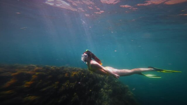 Young Caucasian woman swims snorkeling underwater. A mask of fins and a snorkel helps you swim underwater. Slow motion