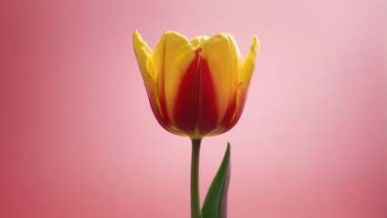  Single yellow and red tulip on pink background with green stem in picture Optimized for search engines - obrazy, fototapety, plakaty