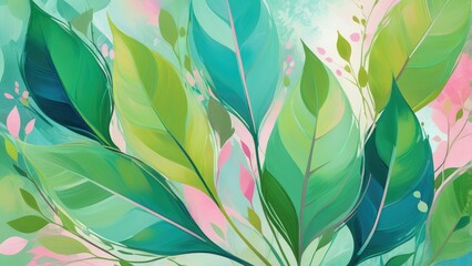 Abstract background embodies the freshness of spring, featuring splashes of vibrant greens intermixed with soft pastel hues of pinks and blues, impressionistic strokes - obrazy, fototapety, plakaty