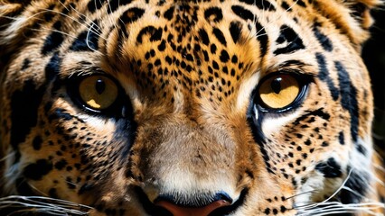  A stunning, up-close image of a majestic leopard with captivating yellow eyes and distinct black spots on its luxurious fur - obrazy, fototapety, plakaty