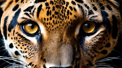  High-quality close-up photo of a leopard's face with striking yellow eyes and unique black spots on its fur - obrazy, fototapety, plakaty