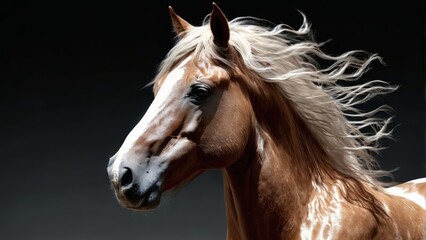  A majestic brown-white horse with a flowing mane stands against a dark backdrop, its long locks catching the wind