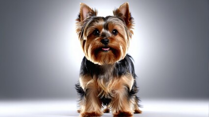  A small, adorable brown and black dog perched on a pristine white floor against a stunning gray and white backdrop