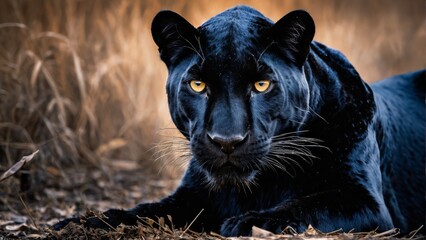  Black Panther rests amidst dried grass, his piercing yellow eye captures attention