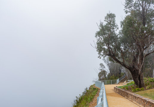Govetts Leap lookout Blackheath in Blue mountains on cold cloudy morning