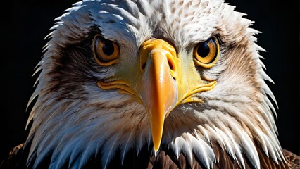  A stunning image captures an intimate close-up of a bald eagle's head, boasting vibrant yellow and white feathers against a serene blue sky backdrop This powerful - obrazy, fototapety, plakaty