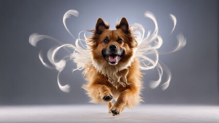  A brown and white dog runs, white feathers trailing behind its back legs and mouth wide open