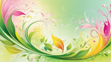 Fototapeta na wymiar Abstract spring-themed background, blossoming flowers swirl into vibrant splashes of color, interspersed with leaves fluttering in the breeze, color palette of fresh greens, pastel pinks