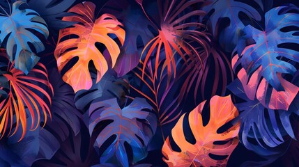 
Vector background featuring abstract tropical leaves art. The design incorporates watercolor textures inspired by palm leaves, jungle foliage, monstera leaves, and other exotic botanical elements - obrazy, fototapety, plakaty
