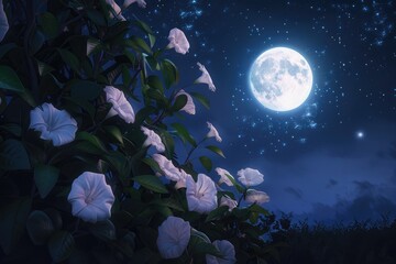 Night blooming process by adding a bright full moon and deep night time sky.  - Powered by Adobe