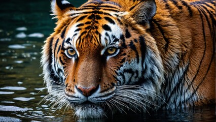 Obraz premium Close-up of a majestic tiger immersed in tranquil water, showcasing its strength and beauty