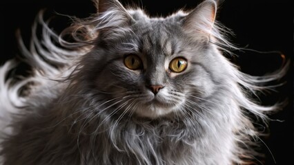  Cat with long hair in close-up, serious expression