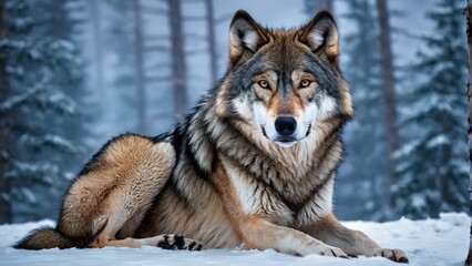 Naklejka premium A wolf in snow, facing camera with serious expression