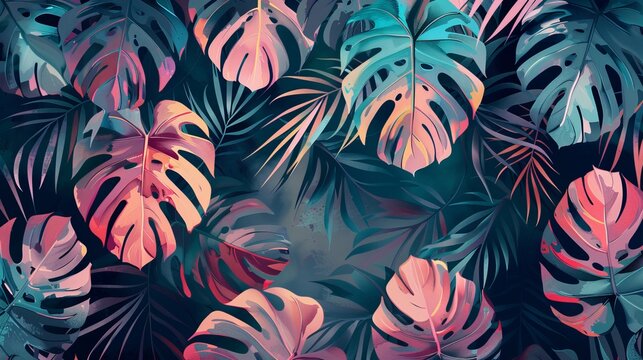 
Vector background featuring abstract tropical leaves art. The design incorporates watercolor textures inspired by palm leaves, jungle foliage, monstera leaves, and other exotic botanical elements