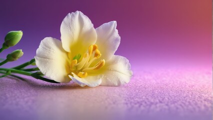  A stunning yellow-white flower rests atop a vibrant purple and pink tablecloth, adorned with delicate water droplets on its petals