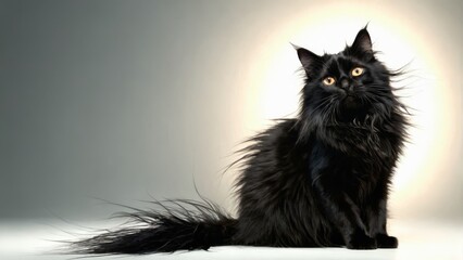  Black cat with long hair on white background, illuminated face  text