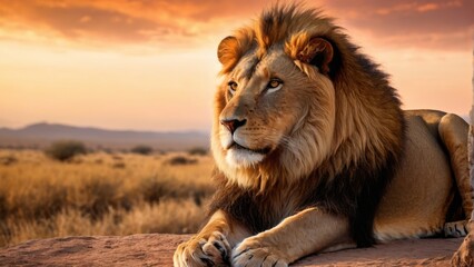  A stunning, detailed image depicts a majestic lion lounging on a rock amidst an open field during sunset