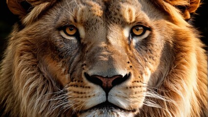  Focus on the lion's unique features and expressive eyes in this close-up photo of a majestic feline The slightly blurred fur in the background adds depth and mystery to the