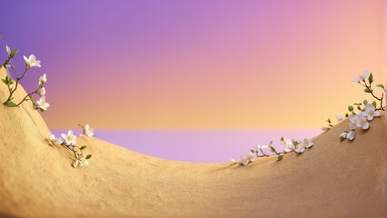  Small white flowers on sandy dunes against purple and pink skies