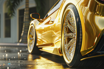 a gold and diamond-encrusted car wheel detail
