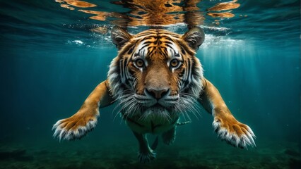  Tiger in Water - Close-up shot of a majestic tiger gracefully swimming in a tranquil body of water, head held high