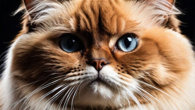  A striking photo of a feline with vibrant blue eyes and prominent whiskers adorning its fluffy fur