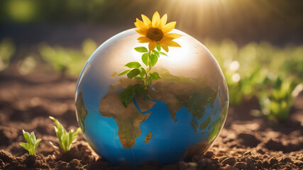 Planting flower and globe. Plant flower gardening concept. AI generated image, ai.