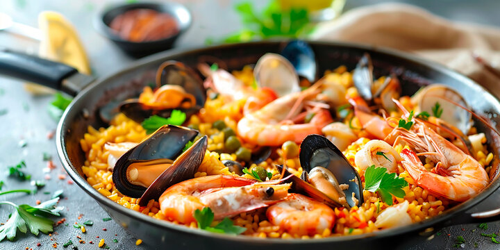 Close up of paella with seafood