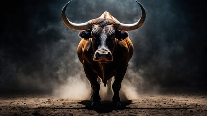  A large, bullhorn-toting bovine stands proudly on a dusty floor amidst a dimly lit chamber, emitting plumes of smoke - obrazy, fototapety, plakaty