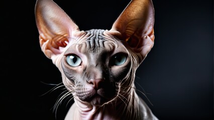  A hairless feline with piercing blue eyes stares intently into the lens, exuding a somber expression - obrazy, fototapety, plakaty