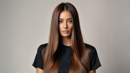 Obraz premium Long-haired woman in black outfit stands before white wall, showcasing stunning style