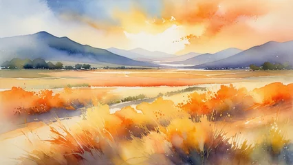 Deurstickers Soft, watercolor painting of an abstract summer landscape, with hues of warm orange and sunlit yellow bleeding into each other, zephyrs of wind occasionally stirring up floating dust motes © ramses