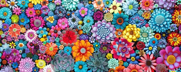 wall completely adorned with multicolored paper flowers, offering a feast for the eyes with its...