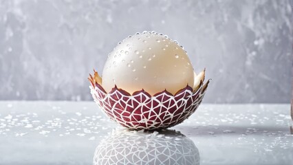  A white egg nestled atop a table, surrounded by a bottle of wine and droplets of water