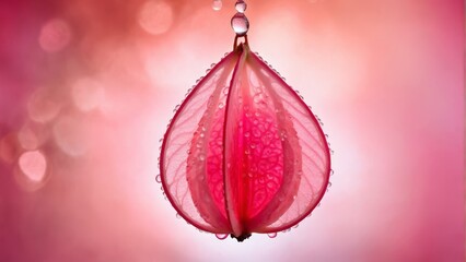 Fototapeta premium A stunning image showcases a pink flower adorned with water droplets, against a serene pink backdrop and softly blurred edges