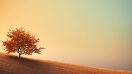  An image depicts a lone tree perched atop a hill with orange and blue skies in the background, showcasing its solitude amidst dry grass