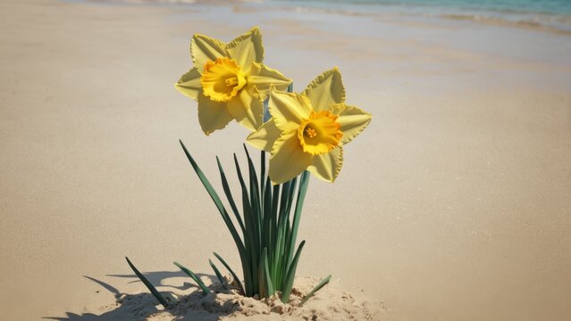  Beach landscape featuring two yellow daffodils in sand, ocean visible in background Optimized for SEO