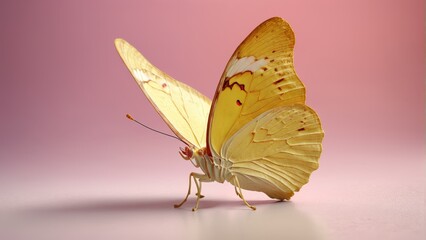  Yellow Butterfly Close-Up on Pink Background with Light Reflection on Wings