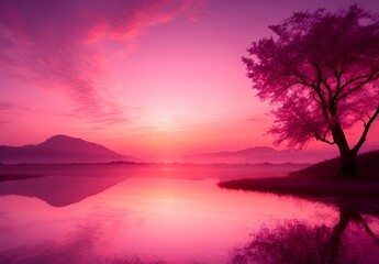A moment of pink sunset over the lake